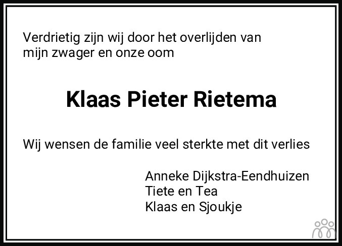 Overlijdensbericht van Klaas Pieter Rietema in Dagblad van het Noorden