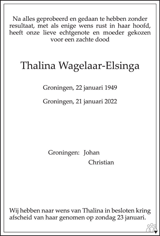 Overlijdensbericht van Thalina Wagelaar-Elsinga in Dagblad van het Noorden