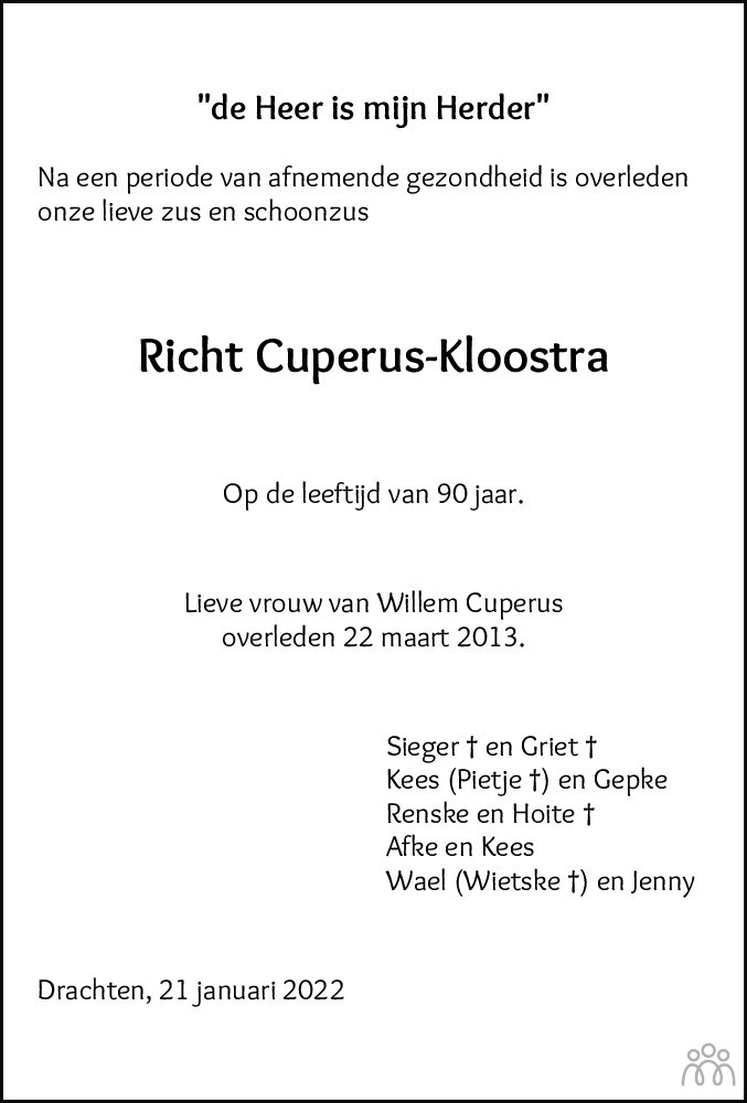 Overlijdensbericht van Richt Cuperus-Kloostra in Friesch Dagblad