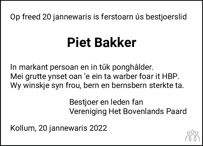 Overlijdensbericht van Pieter (Piet) Bakker in Leeuwarder Courant