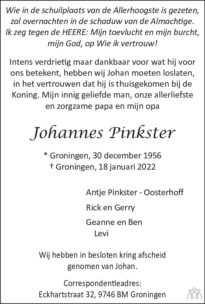 Overlijdensbericht van Johannes (Johan) Pinkster in Dagblad van het Noorden
