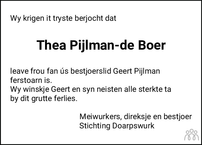 Overlijdensbericht van Thea Pijlman-de Boer in Leeuwarder Courant