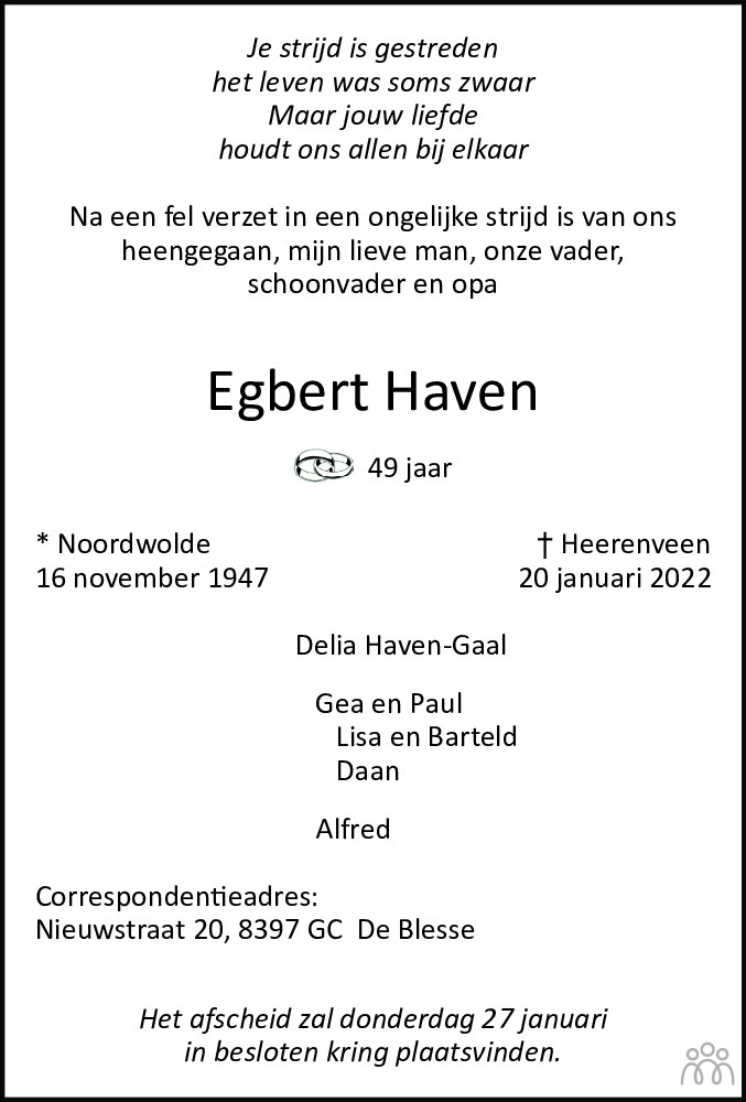 Overlijdensbericht van Egbert Haven in De Stellingwerf