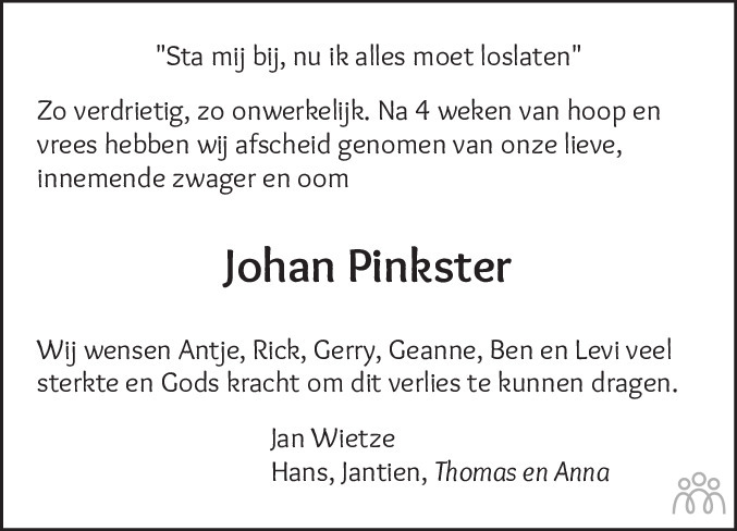 Overlijdensbericht van Johannes (Johan) Pinkster in Dagblad van het Noorden