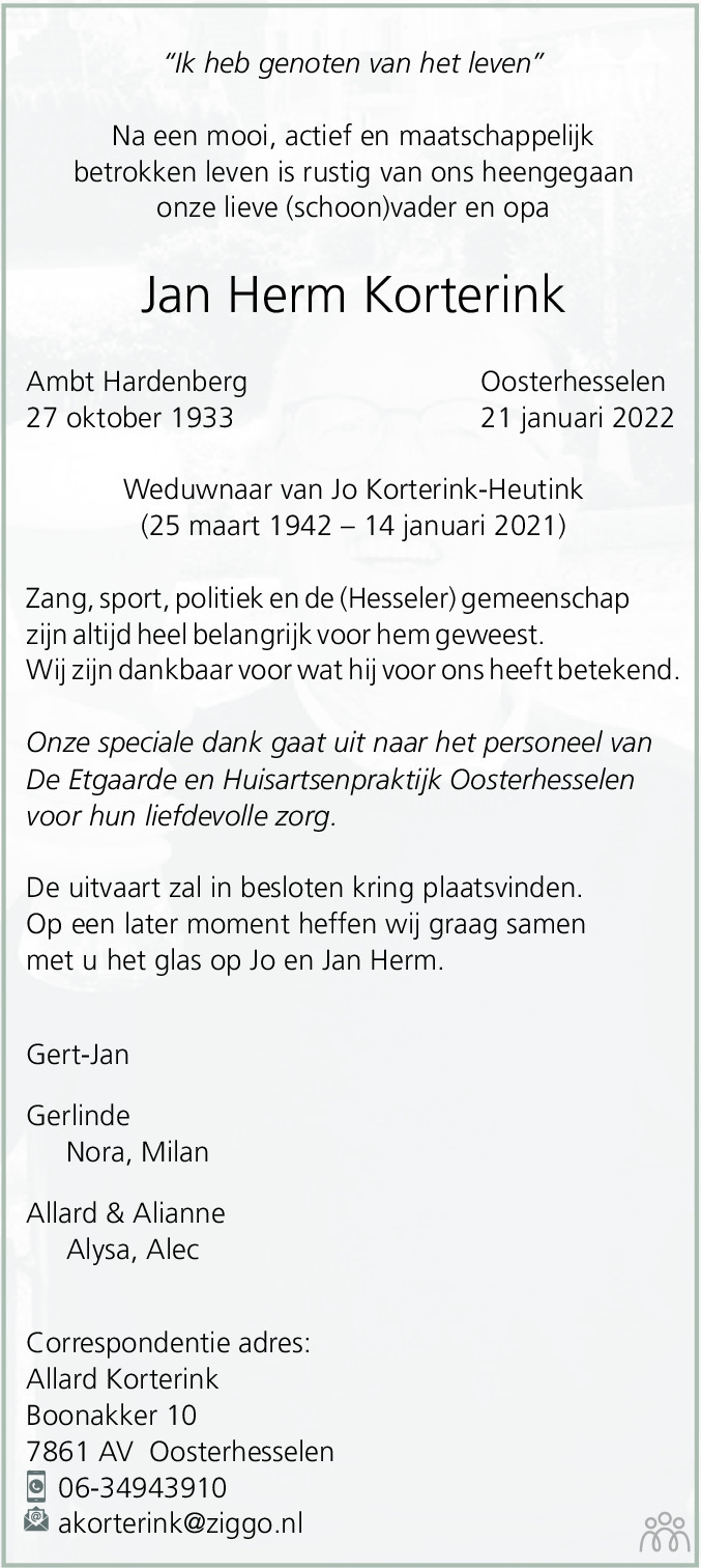 Overlijdensbericht van Jan Herm Korterink in Coevorden Huis aan Huis