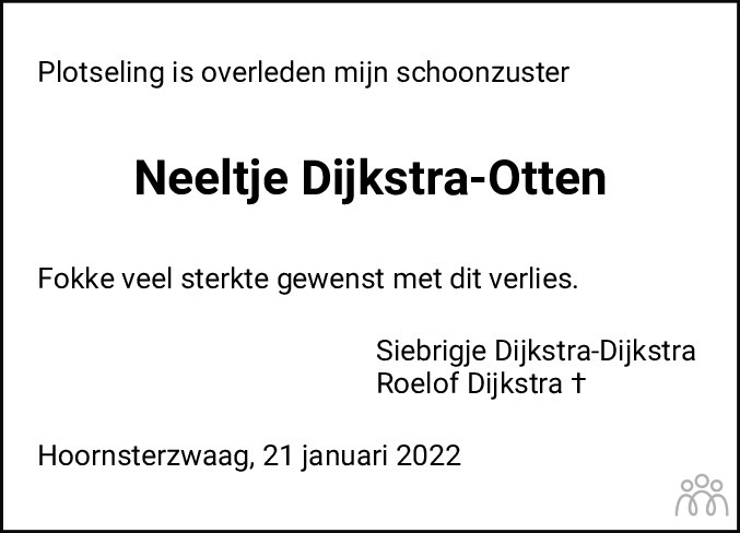 Overlijdensbericht van Neeltje Dijkstra-Otten in Leeuwarder Courant