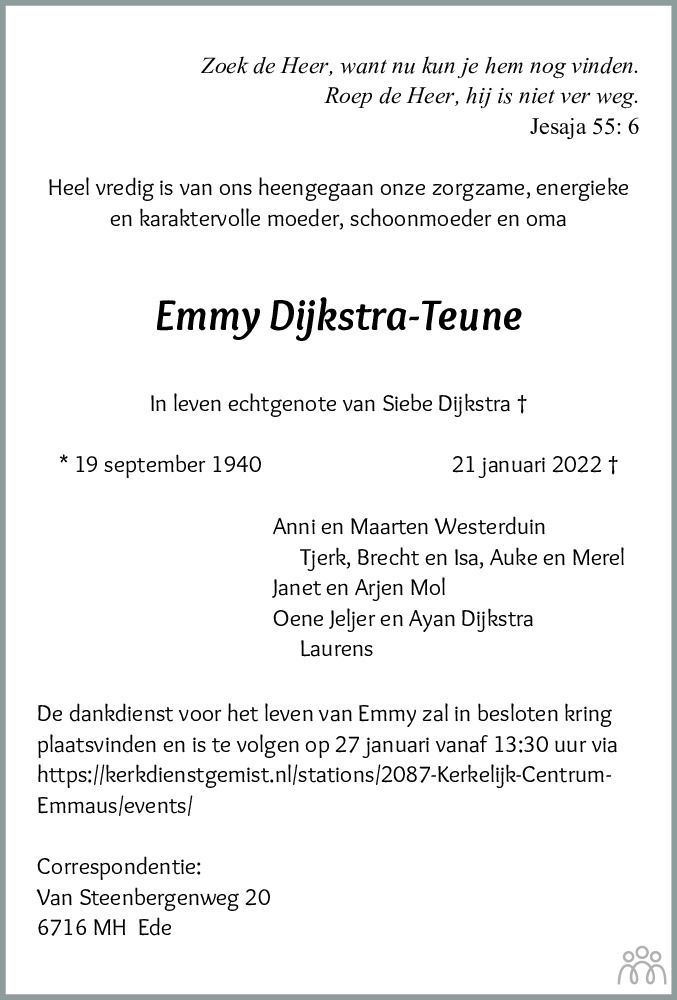 Overlijdensbericht van Emma Dijkstra-Teune in Nieuwsblad Noordoost-Friesland