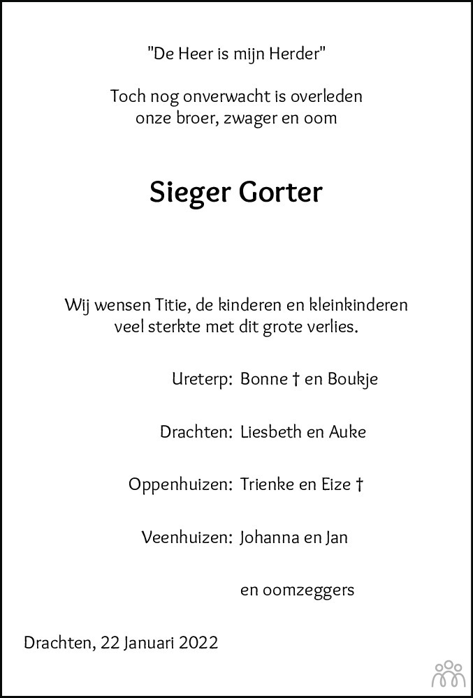 Overlijdensbericht van Sieger Gorter in Nieuwe Ooststellingwerver