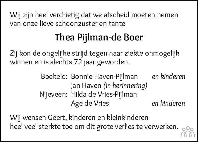 Overlijdensbericht van Thea Pijlman-de Boer in Leeuwarder Courant
