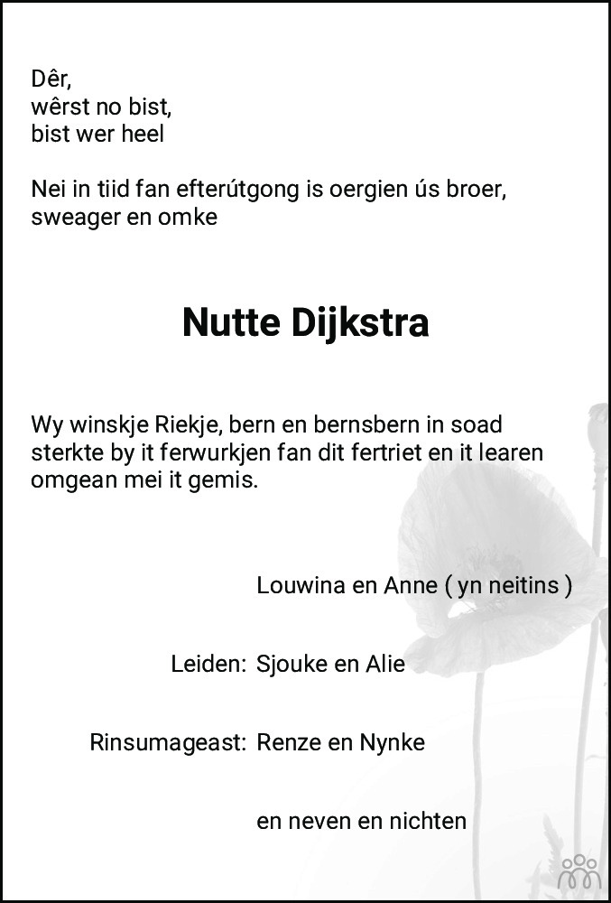 Overlijdensbericht van Nutte Dijkstra in Leeuwarder Courant