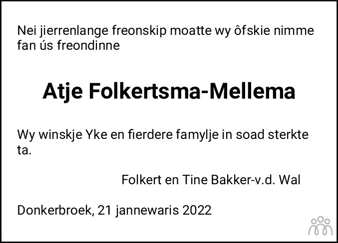 Overlijdensbericht van Atje Folkertsma-Mellema in Leeuwarder Courant
