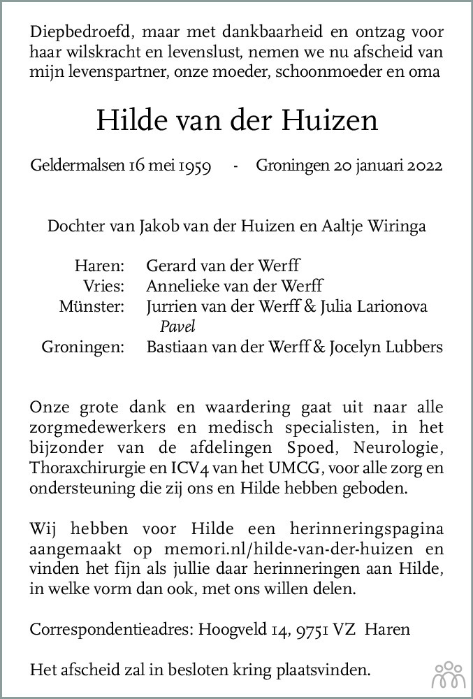 Overlijdensbericht van Hilde van der Huizen in Dagblad van het Noorden