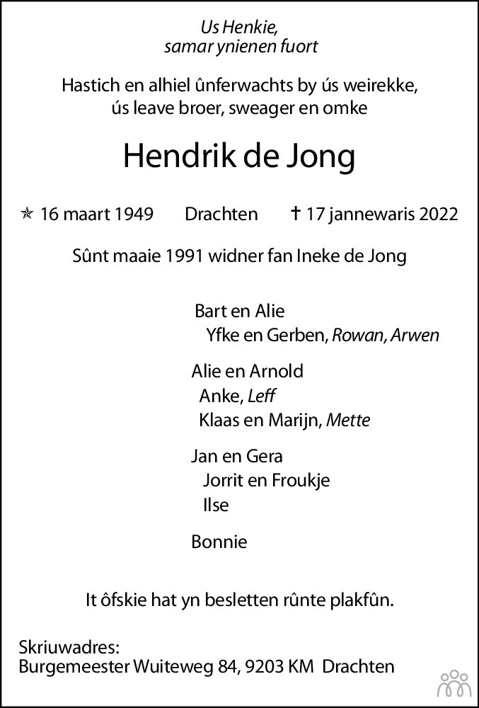 Overlijdensbericht van Hendrik de Jong in Drachtster Courant