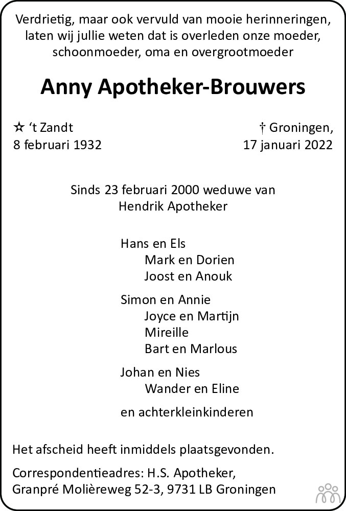 Overlijdensbericht van Anny Apotheker-Brouwers in Eemsbode/Noorderkrant
