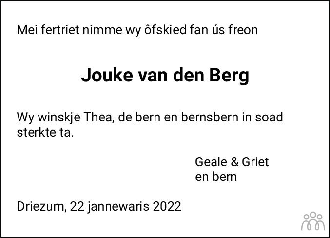 Overlijdensbericht van Jouke van den Berg in Dockumer Courant