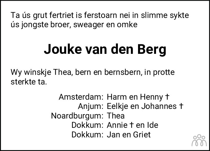 Overlijdensbericht van Jouke van den Berg in Dockumer Courant