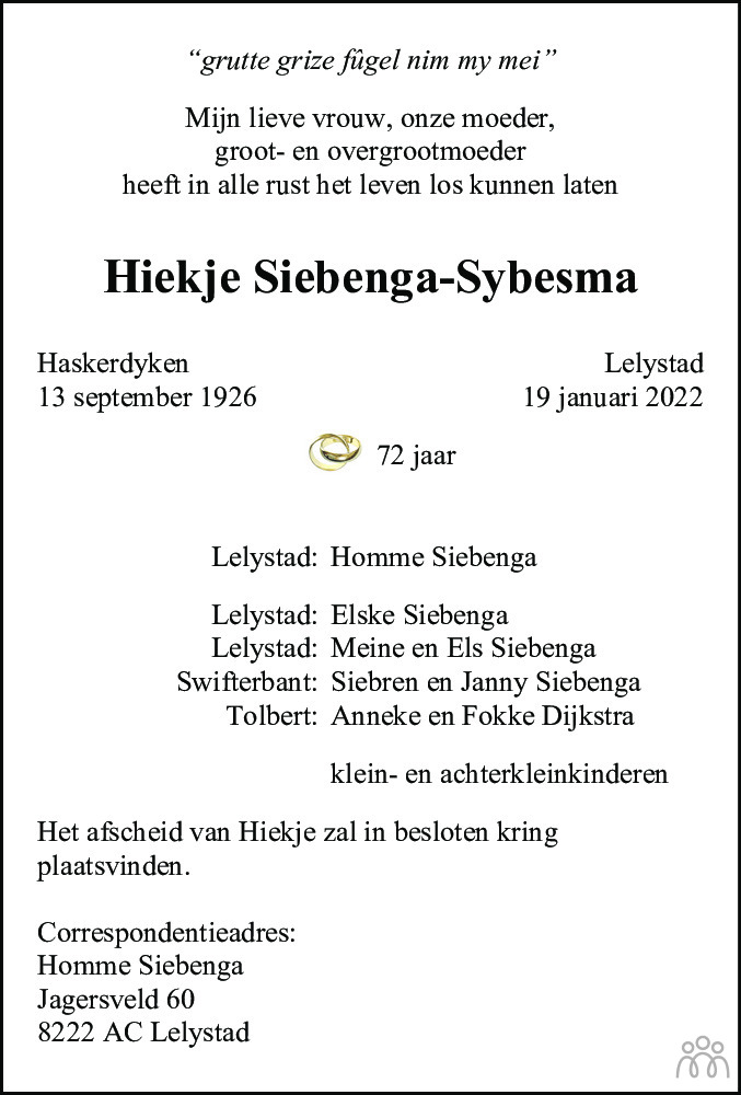 Overlijdensbericht van Hiekje Siebenga-Sybesma in Flevopost Lelystad