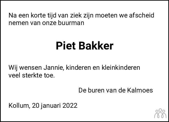 Overlijdensbericht van Pieter (Piet) Bakker in Dockumer Courant