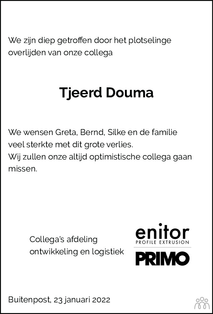 Overlijdensbericht van Tjeerd Douma in Leeuwarder Courant