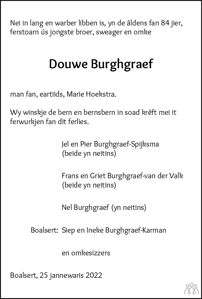 Overlijdensbericht van Douwe Burghgraef in Leeuwarder Courant