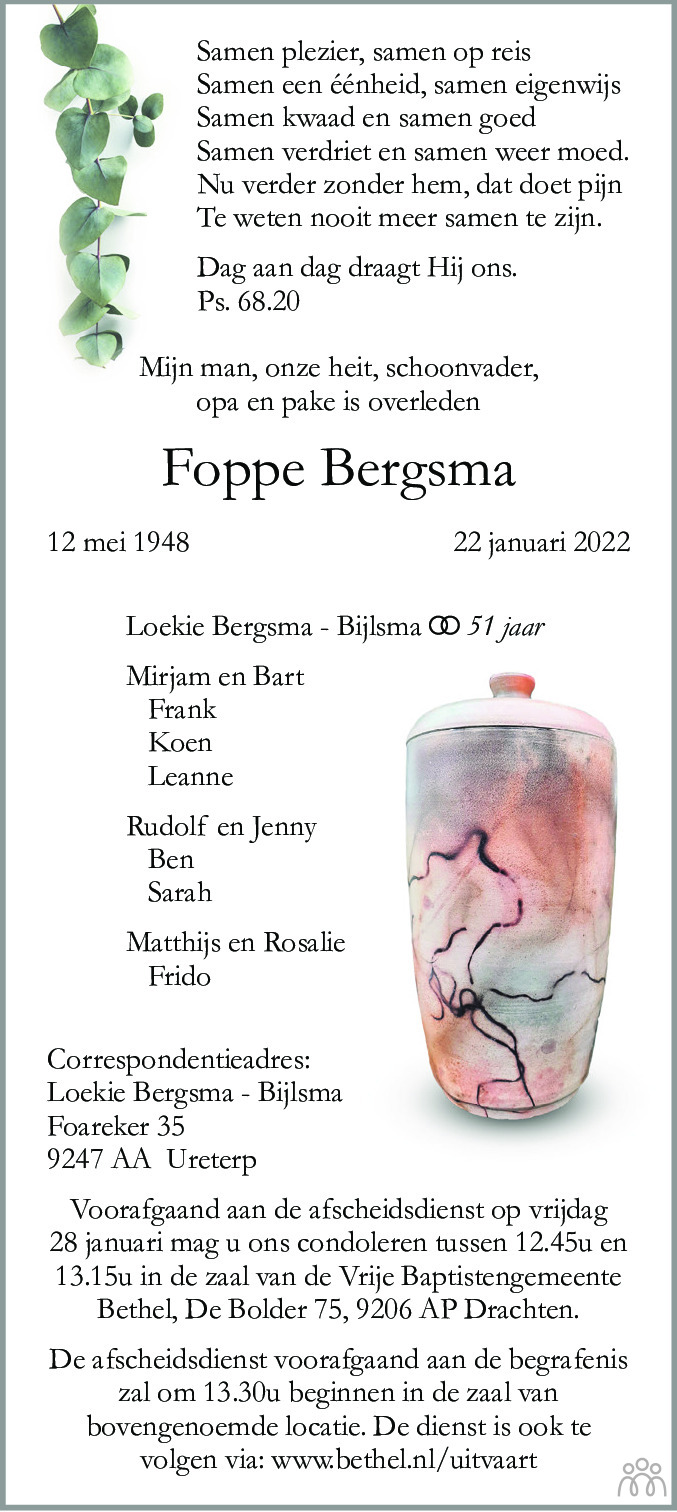 Overlijdensbericht van Foppe Bergsma in Friesch Dagblad
