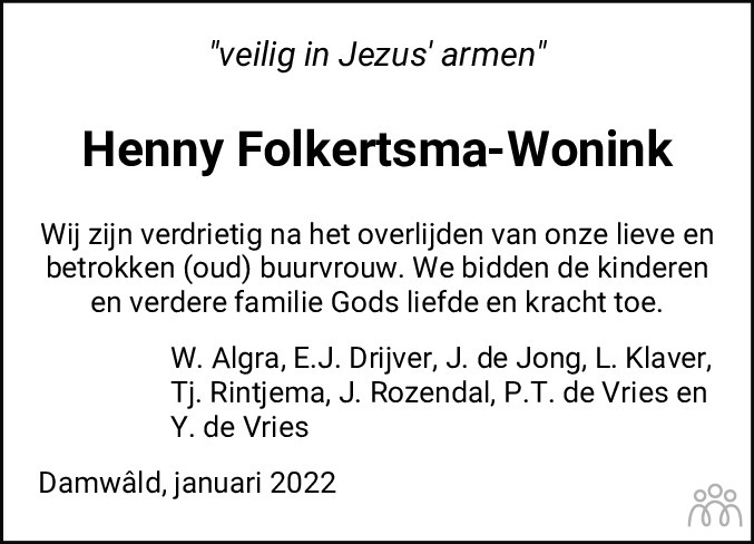 Overlijdensbericht van Henny Folkertsma-Wonink in Dockumer Courant