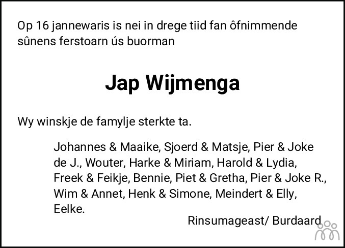 Overlijdensbericht van Jacob Jan (Jap) Wijmenga in Dockumer Courant