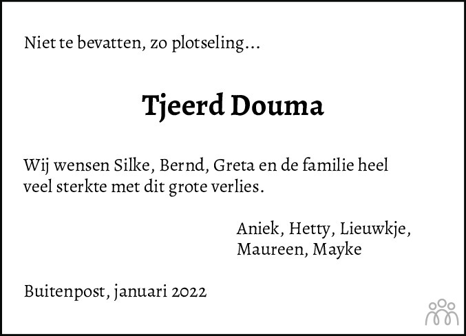 Overlijdensbericht van Tjeerd Douma in De Feanster