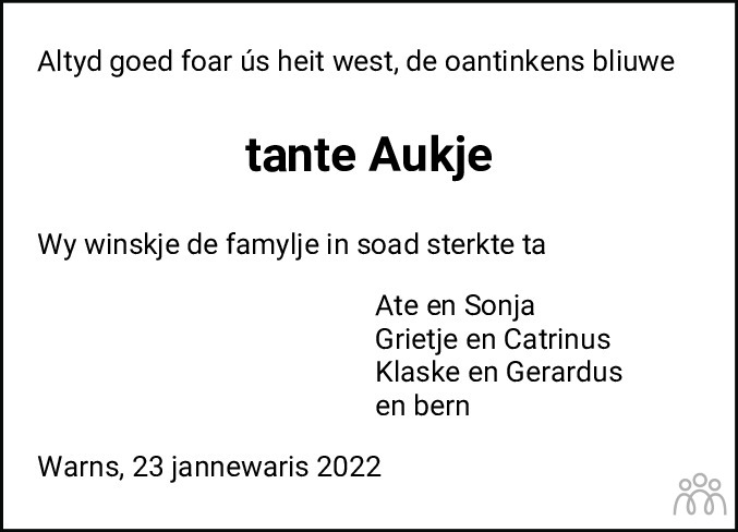 Overlijdensbericht van Aukje Boersma-van Dam in Leeuwarder Courant