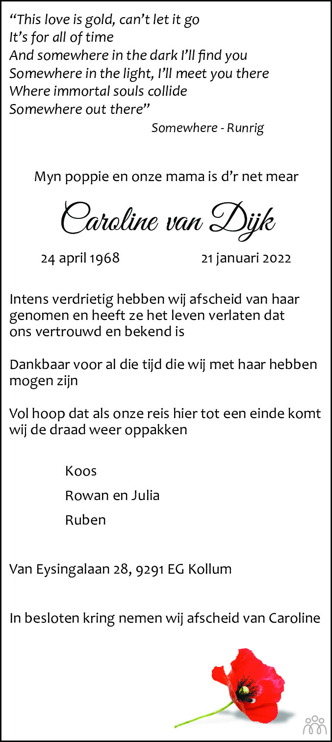 Overlijdensbericht van Caroline van Dijk in Leeuwarder Courant