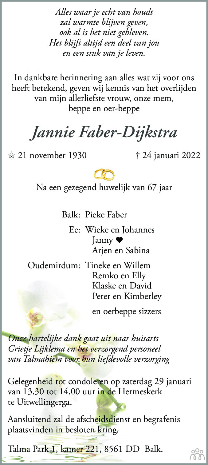 Overlijdensbericht van Jannie Faber-Dijkstra in Leeuwarder Courant