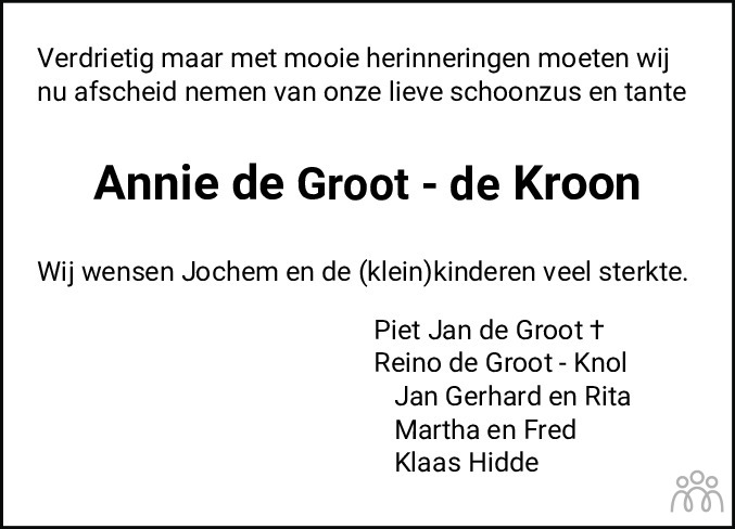 Overlijdensbericht van Annie de Groot-de Kroon in Leeuwarder Courant