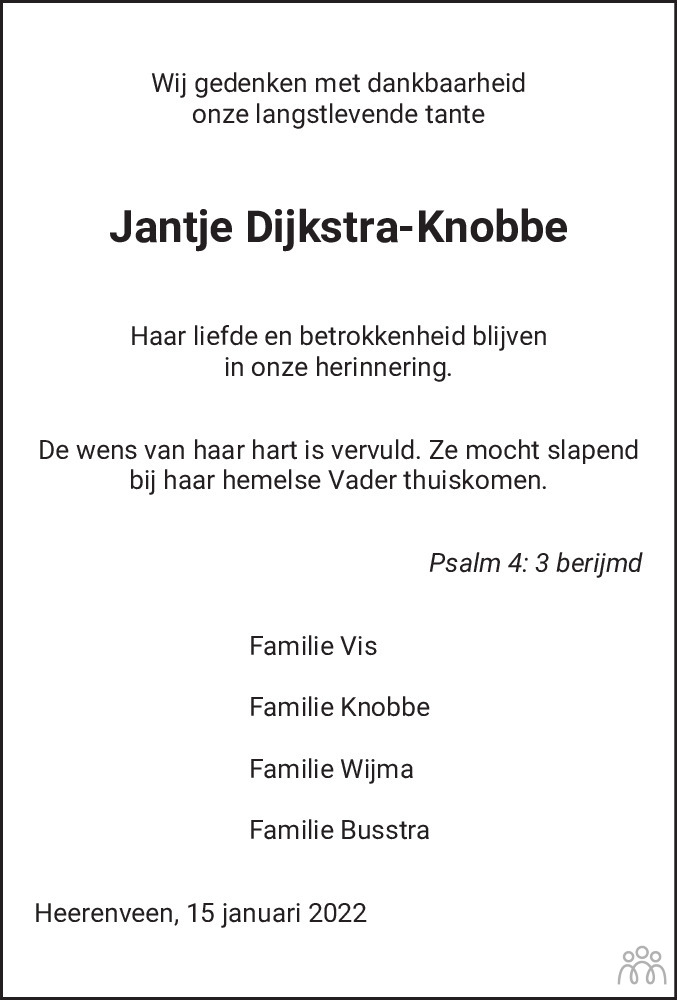 Overlijdensbericht van Jantje Dijkstra-Knobbe in Heerenveense Courant