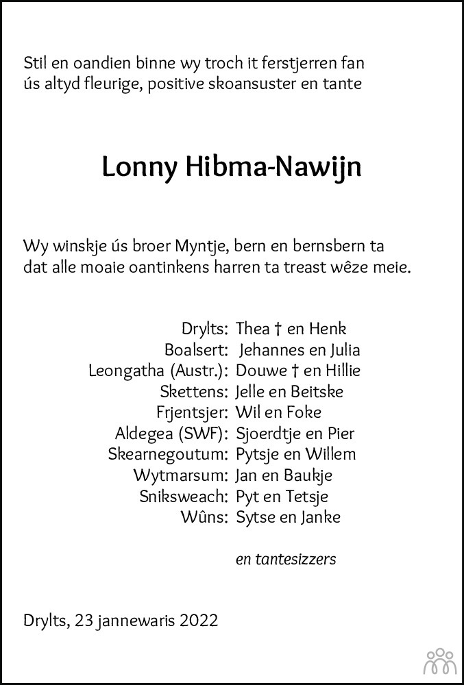 Overlijdensbericht van Lolkje (Lonny) Hibma-Nawijn in Leeuwarder Courant