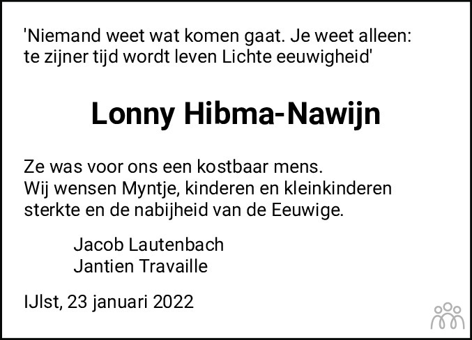 Overlijdensbericht van Lolkje (Lonny) Hibma-Nawijn in Bolswards Nieuwsblad