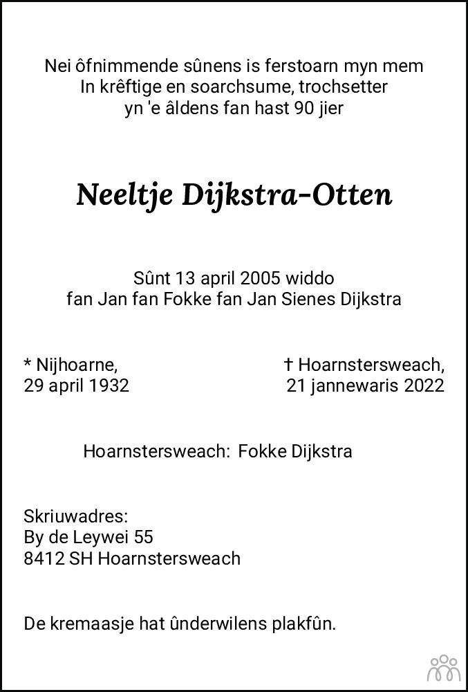 Overlijdensbericht van Neeltje Dijkstra-Otten in Leeuwarder Courant