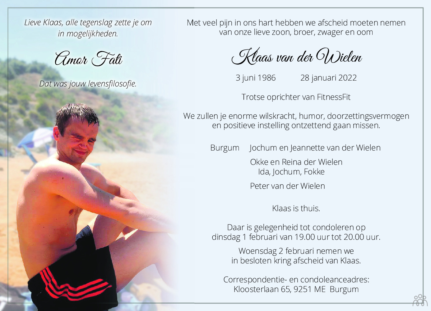 Klaas van der Wielen 28-01-2022 overlijdensbericht en condoleances