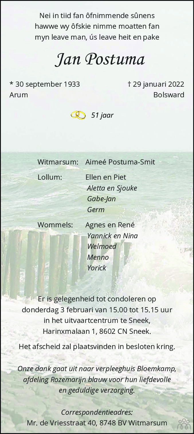 Jan Postuma 29 01 2022 Overlijdensbericht En Condoleances Mensenlinq nl