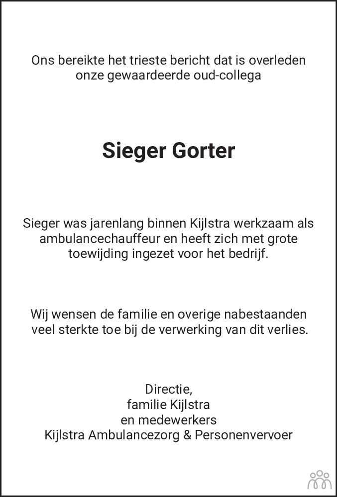 Overlijdensbericht van Sieger Gorter in Drachtster Courant