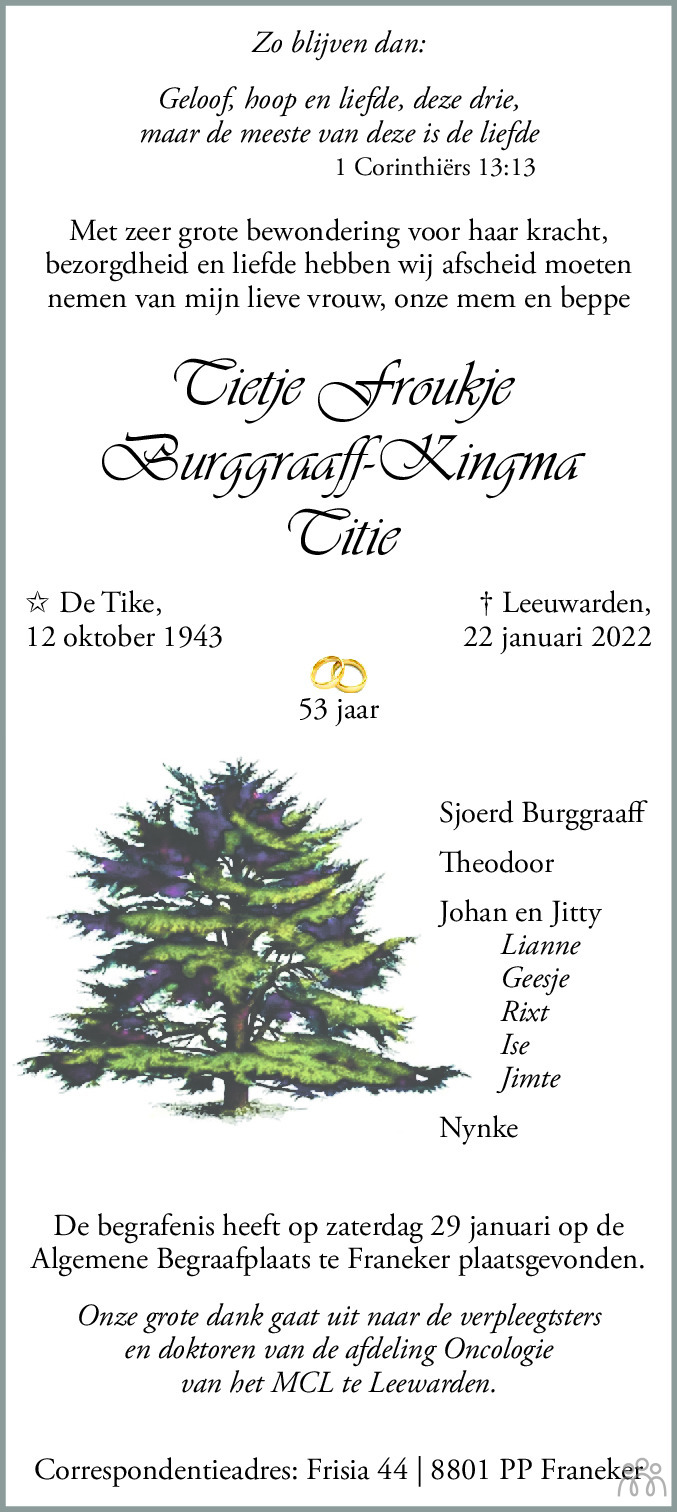 Overlijdensbericht van Tietje Froukje (Titie) Burggraaff-Kingma in Franeker Courant