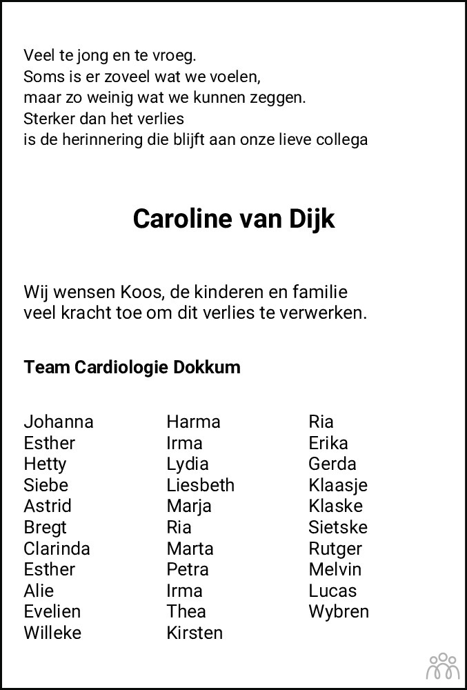 Overlijdensbericht van Caroline van Dijk in Dockumer Courant