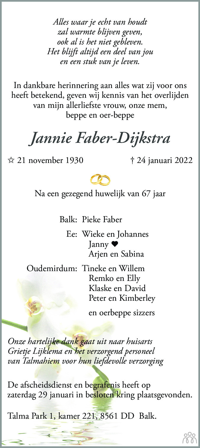 Overlijdensbericht van Jannie Faber-Dijkstra in Sneeker Nieuwsblad