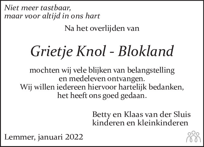 Overlijdensbericht van Grietje Knol-Blokland in Leeuwarder Courant