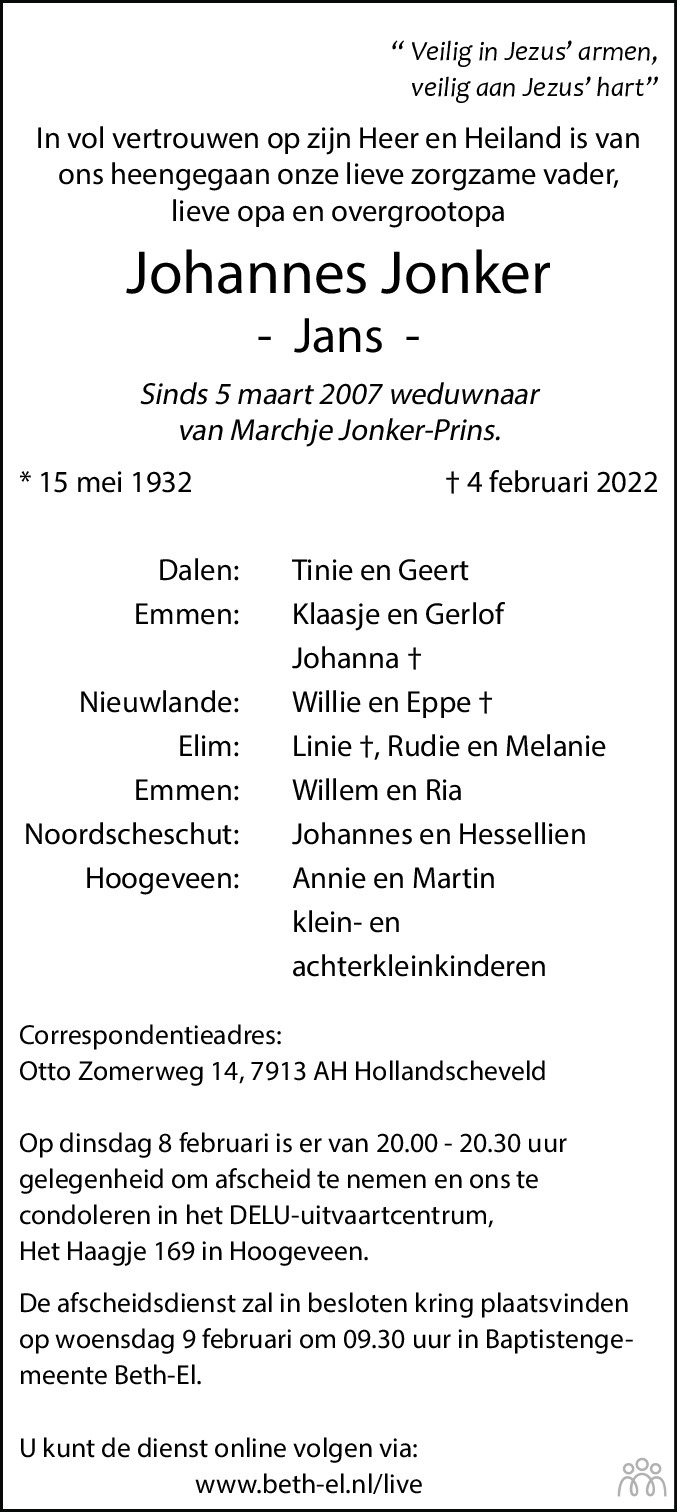 Johannes (Jans) Jonker 04022022 overlijdensbericht en condoleances
