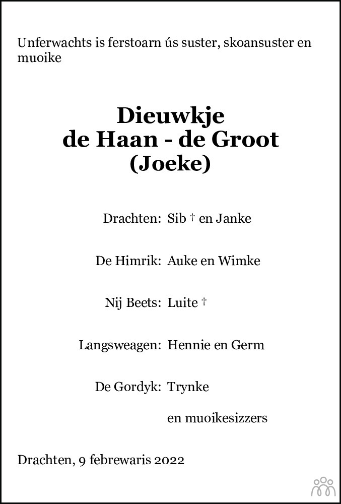 Overlijdensbericht van Dieuwkje (Joeke/Sjoeke) de Haan-de Groot in Leeuwarder Courant