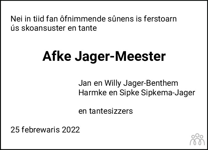 Overlijdensbericht van Afke Jager-Meester in Leeuwarder Courant