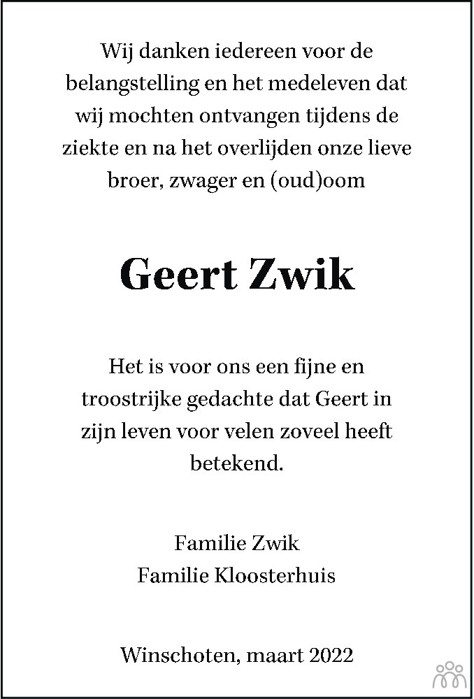 Overlijdensbericht van Geert Zwik in Streekblad/Pekelder Streekblad