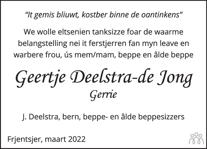 Overlijdensbericht van Geertje (Gerrie) Deelstra-de Jong in Leeuwarder Courant