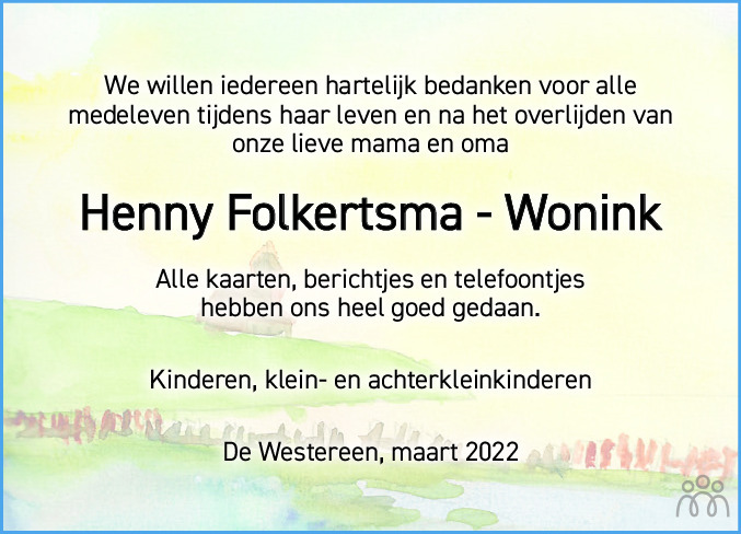 Overlijdensbericht van Henny Folkertsma-Wonink in Leeuwarder Courant