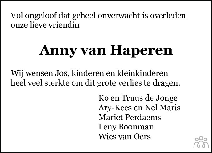 Overlijdensbericht van Anny (Anna Adriana Elisabeth) van Haperen-Verstegen in Flevopost Dronten